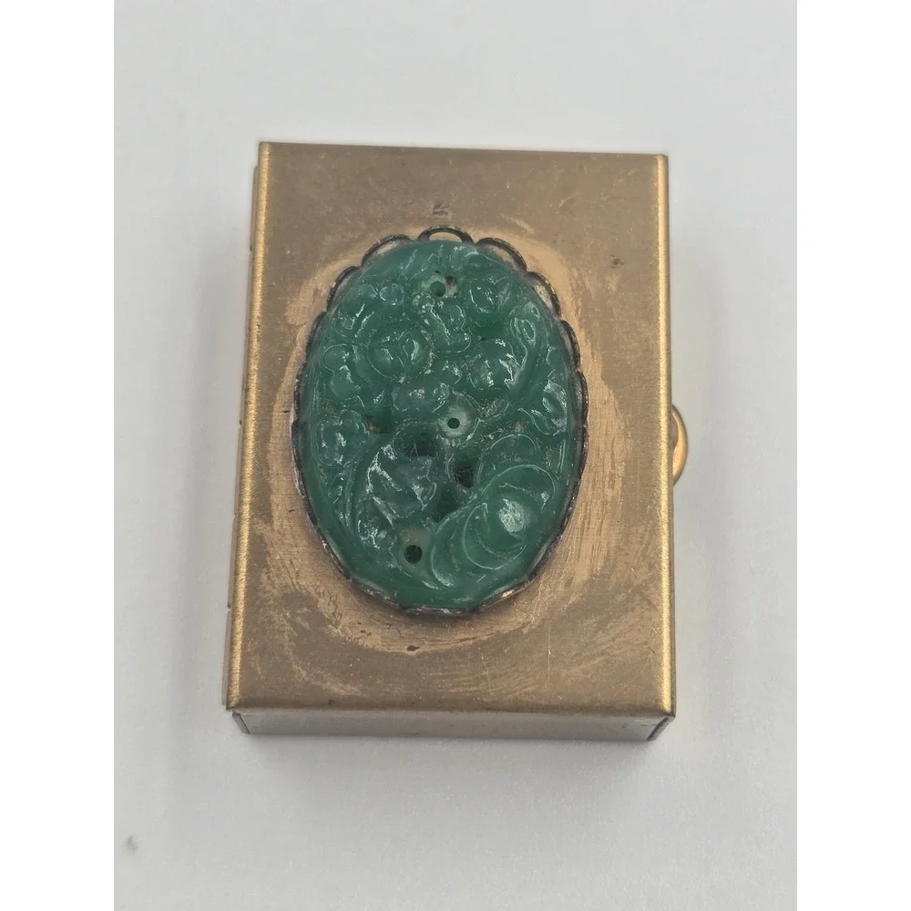 Antique Chinese Brass Pill Snuff Box with Carved Green Jadeite Jade Stone Top